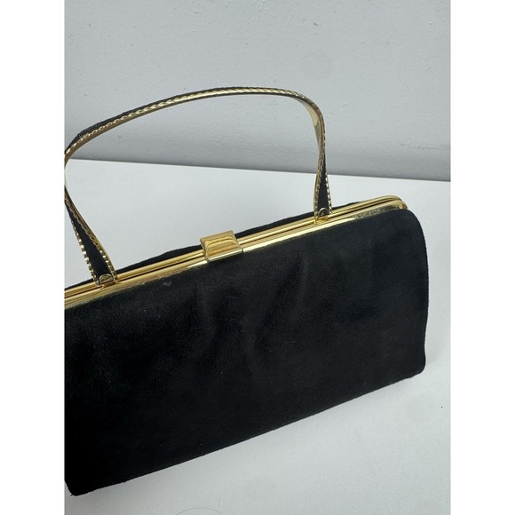 Vtg 1960s Ande Black Fabric Evening Bag Gold Frame Top Handle Clutch - Picture 12 of 16